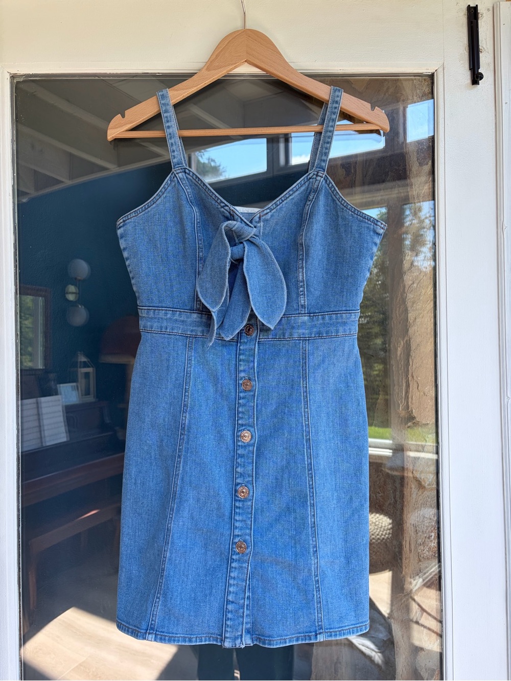7 For All Mankind Double Bow Tie-Front Denim Mini Dress - Size M